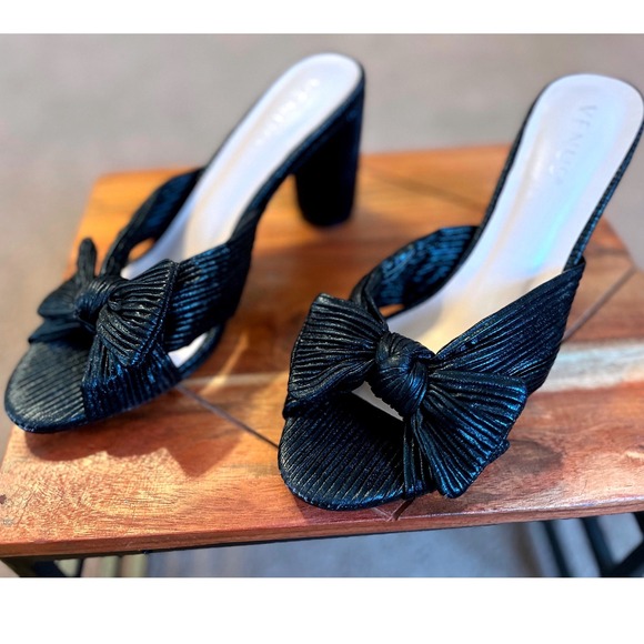 Venus Black Pleated Bow Mule Heels Block Heel Slide Sandals Womens 9.5 - Picture 11 of 13